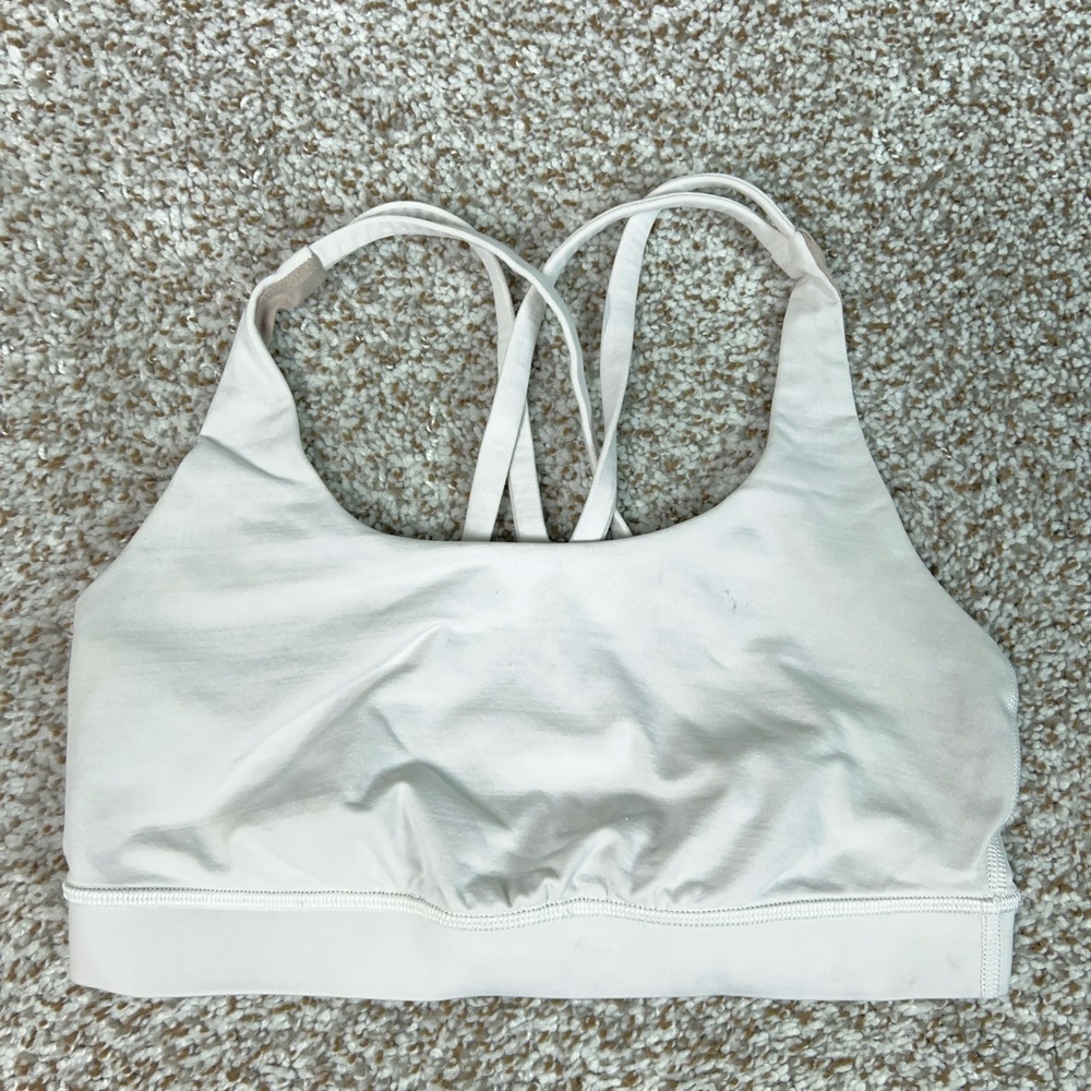 Lululemon Sports Bra Womens 6 White Gym Strappy Yoga Activewear Top Energy Logo